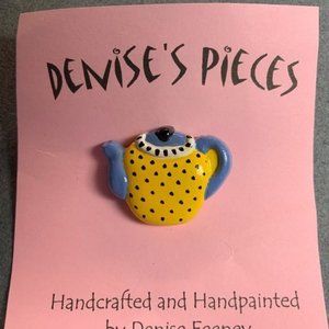 Tea Pot Pin Brooch Yellow Blue Black Dots White Plaster Handmade Hand Painted